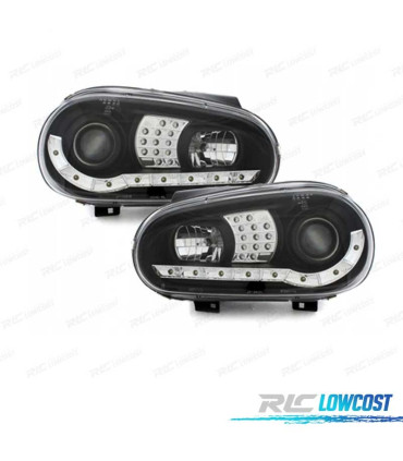 FARÓIS COM LUZ DIURNA LED VOLKSWAGEN VW GOLF 4 FUNDO PRETO + CROMADO