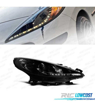 FARÓIS OPTICAS PEUGEOT 207 06-12 LUZ DIURNA LED PRETO + MOTOR