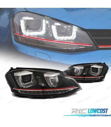 FARÓIS VOLKSWAGEN VW GOLF MK7 12-17 U-TYPE DRL DINAMICOS PRETO LINHA VERMELHA