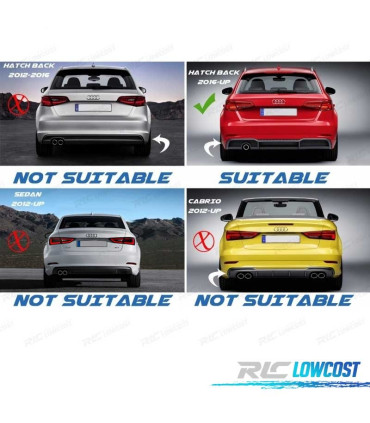 DIFUSOR TRASEIRO AUDI A3 RS3 8V 16-20 + PONTEIRAS ESCAPE