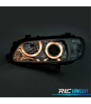 FARÓIS FRONTAIS COM ANGEL EYES PARA OPEL OMEGA B 94-99 FUNDO CROMADO H1