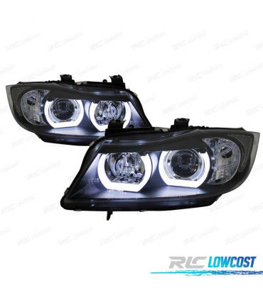 FARÓIS XENON BMW E90 E91 05-08 ANGEL EYES U LED 3D FUNDO PRETO