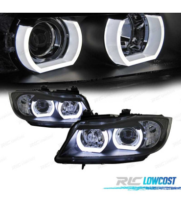 FARÓIS XENON BMW E90 E91 05-08 ANGEL EYES U LED 3D FUNDO PRETO