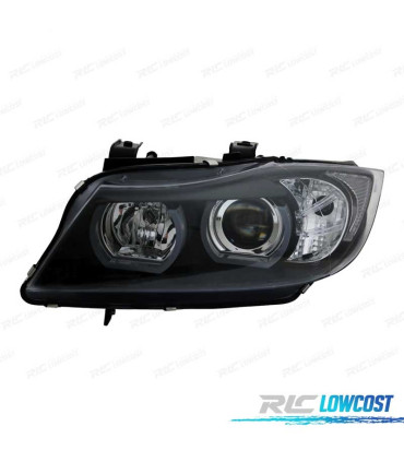 FARÓIS XENON BMW E90 E91 05-08 ANGEL EYES U LED 3D FUNDO PRETO