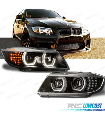 FARÓIS BMW E90 E91 05-08 ANGEL EYES 3D LED + PISCA LED FUNDO PRETO