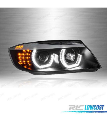 FARÓIS BMW E90 E91 05-08 ANGEL EYES 3D LED + PISCA LED FUNDO PRETO