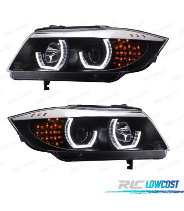 FARÓIS BMW E90 E91 05-08 ANGEL EYES 3D LED + PISCA LED FUNDO PRETO
