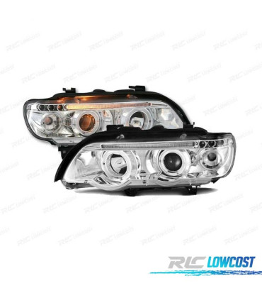 FARÓIS RENTE ANGEL EYES BMW X5 E53 FUNDO CROMADO