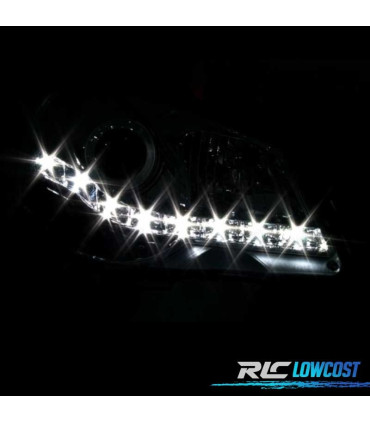 FARÓIS FRONTAIS COM LUZ DIURNA LED PARA VOLKSWAGEN VW POLO 9N3,05-09FUNDO CROMADO