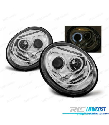 FARÓIS FRONTAIS ANGEL EYES PARA VOLKSWAGEN VW BEETLE,98-05 FUNDO CROMADO