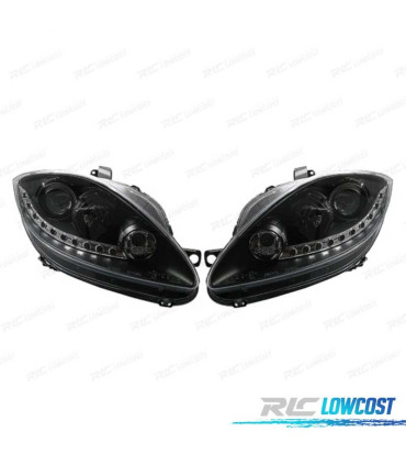 FARÓIS FRONTAIS PARA SEAT LEON 1P ALTEA TOLEDO 5P 04-09 LUZ DIURNA LED FUNDO PRETO