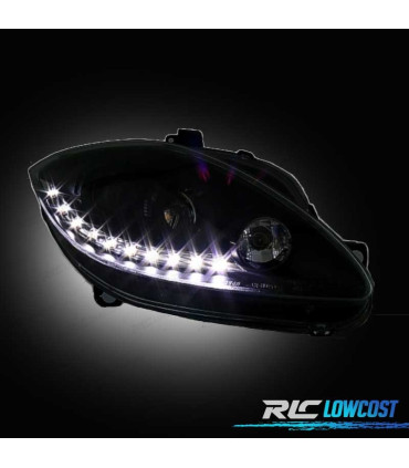 FARÓIS FRONTAIS PARA SEAT LEON 1P ALTEA TOLEDO 5P 04-09 LUZ DIURNA LED FUNDO PRETO