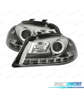 FARÓIS FRONTAIS LUZ DIURNA LED PARA SEAT IBIZA E CORDOBA 6L 02-05 FUNDO CROMADO
