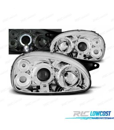 FARÓIS FRONTAIS ANGEL EYES PARA OPEL CORSA B,93-00 FUNDO CROMADO ELEC.