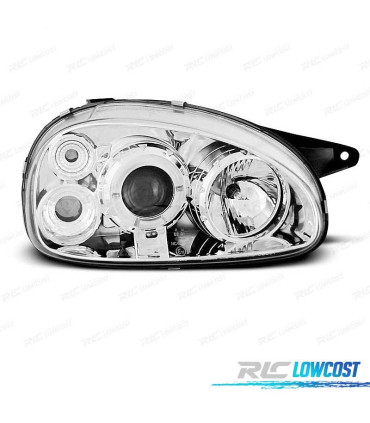 FARÓIS FRONTAIS ANGEL EYES PARA OPEL CORSA B,93-00 FUNDO CROMADO ELEC.