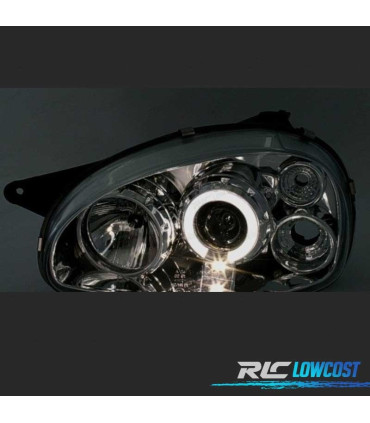 FARÓIS FRONTAIS ANGEL EYES PARA OPEL CORSA B,93-00 FUNDO CROMADO ELEC.