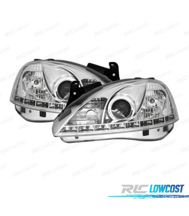 FARÓIS FRONTAIS PARA OPEL CORSA C LUZ DIURNA LED 00-06 FUNDO CROMADO