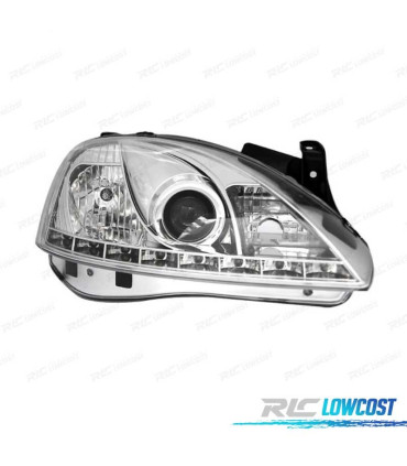 FARÓIS FRONTAIS PARA OPEL CORSA C LUZ DIURNA LED 00-06 FUNDO CROMADO