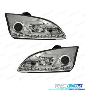 FARÓIS FRONTAIS PARA FORD FOCUS MK2 LUZ DIURNA LED 5W FUNDO CROMADO
