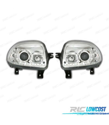 FARÓIS FRONTAIS RENAULT CLIO 98-01 LUZ DIURNA LED FUNDO CROMADO
