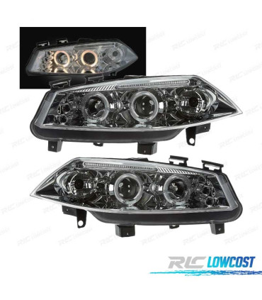 FARÓIS FRONTAIS RENAULT MEGANE 02-05 ANGEL EYES LED FUNDO CROMADO