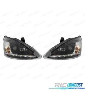 FARÓIS LUZ DIURNA LED COM PISCAS FORD FOCUS 98-01 FUNDO PRETO