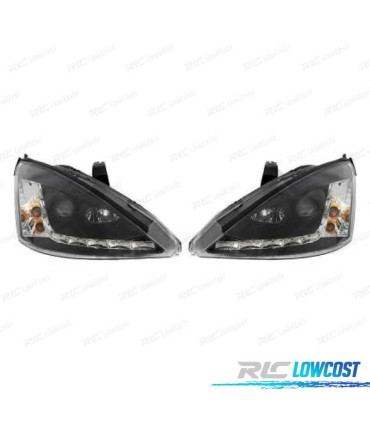 FARÓIS LUZ DIURNA LED COM PISCAS FORD FOCUS 98-01 FUNDO PRETO