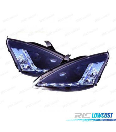 FARÓIS LUZ DIURNA LED COM PISCAS FORD FOCUS 98-01 FUNDO PRETO