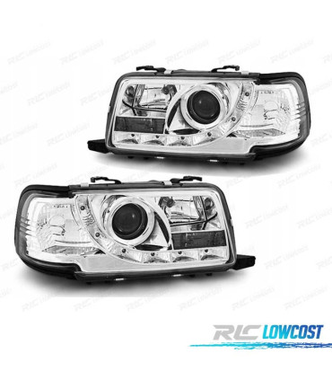 FARÓIS COM LUZ DIURNA LED AUDI 80 91-94 FUNDO CROMADO