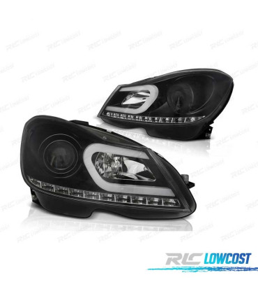 FAROIS FRONTAIS PARA MERCEDES W204 11-14 TUBE LIGHT + LED FUNDO PRETO