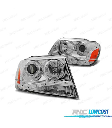 FARÓIS ANGEL EYES PARA JEEP GRAND CHEROKEE 99-05 CHROME CROMADO
