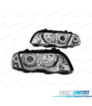 FARÓIS BMW E46 98-01 ANGEL EYES LED CHROME CROMADO