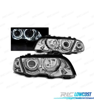 FARÓIS BMW E46 98-01 ANGEL EYES LED CHROME CROMADO