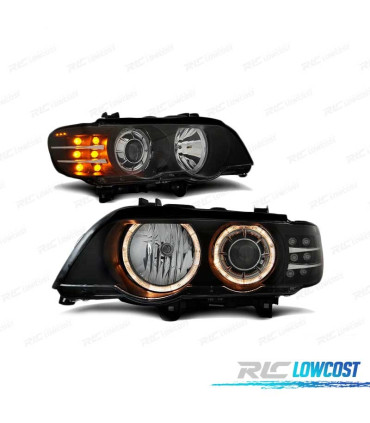FARÓIS FRONTAIS ANGEL EYES LED PARA BMW X5 E53 99-03 BLACK PRETO