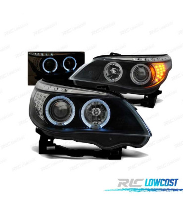 FARÓIS BMW E60 E61 03-07 LED ANGEL EYES BLACK PRETO