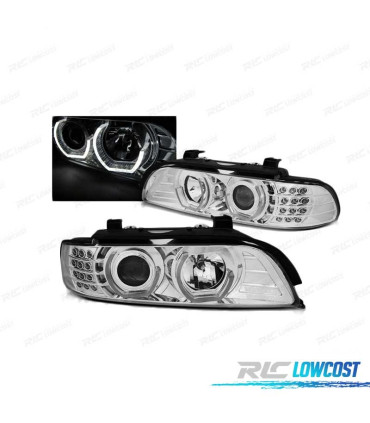 FARÓIS BMW E39 95-03 ANGEL EYES 3D CROMADOS INTERMITENTES LED