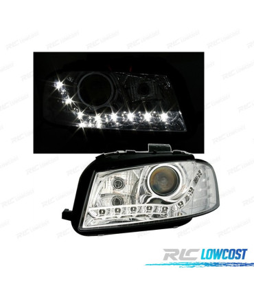 FARÓIS PARA AUDI A3 8P 03-08 FUNDO CROMADO LUZ DIURNA LED